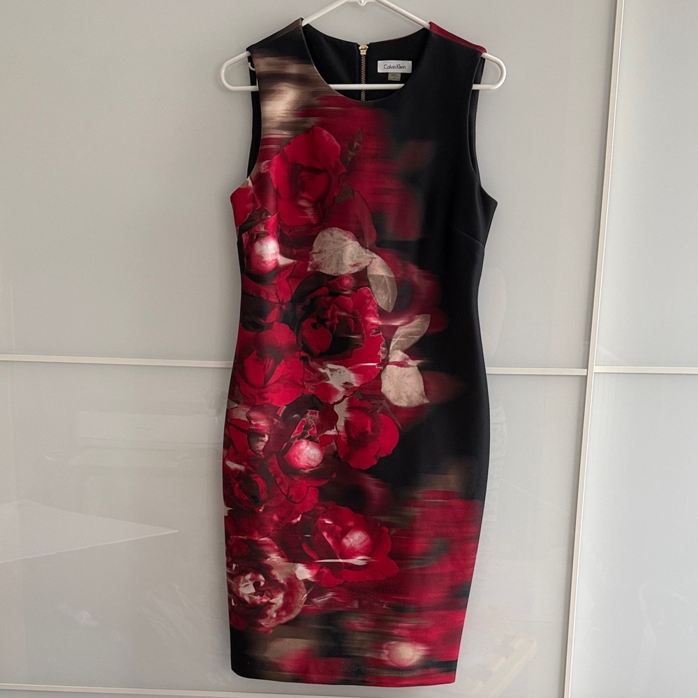Calvin Klein Black and Red Rose Midi Dress